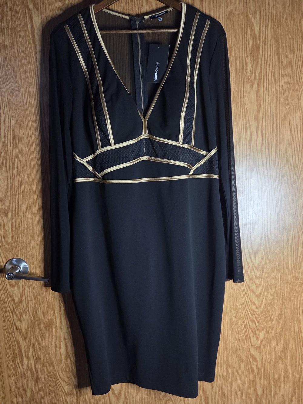 Fashion Nova Black Long-Sleeve V-Neck Dress with Gold Trim
